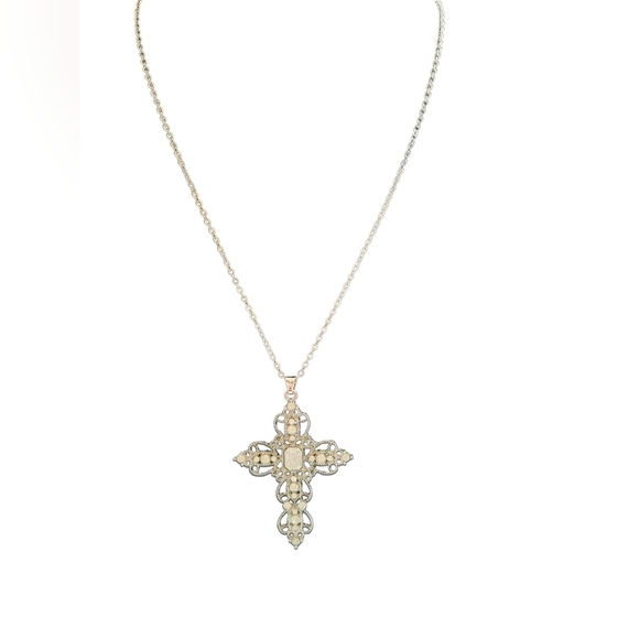 Elegant Cross Pendant Necklace White Color Gems 18" Chain - Picture 10 of 10